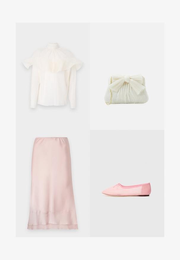 Blouse blanche avec un col montant, un tissu texturé et des manches bouffantes surdimensionnées. Manches longues avec des poignets ajustés, coupe décontractée dans l'ensemble.; Jupe midi en satin rose clair avec taille élastique et détail de ourlet superposé, présentée sur un fond blanc uni.; Ballerine rose en tissu doux, avec un bout pointu et un petit nœud sur le dessus, dotée d'une semelle basse et flexible.; Sac à main plissé blanc avec un nœud proéminent et une chaîne dorée. Texture douce avec un design froncé à l'avant.