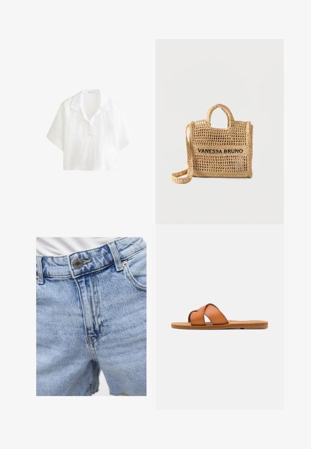 Witte cropped shirt met korte mouwen, een kraag en een V-hals, gemaakt van lichtgewicht stof.; Lichtblauwe denimshorts met een hoge taille, zichtbare stiksels, twee voorkanten zakken en metalen knoopsluiting. Gladde textuur.; Bruine leren slidesandaal met kruisschouderbandjes, platte zool, fijne textuur en minimalistisch ontwerp voor casual gebruik.; Beige handtas van geweven materiaal met twee handvatten, lange riem, opengeweven ontwerp en "VANESSA BRUNO" in zwarte letters geborduurd aan de voorkant.