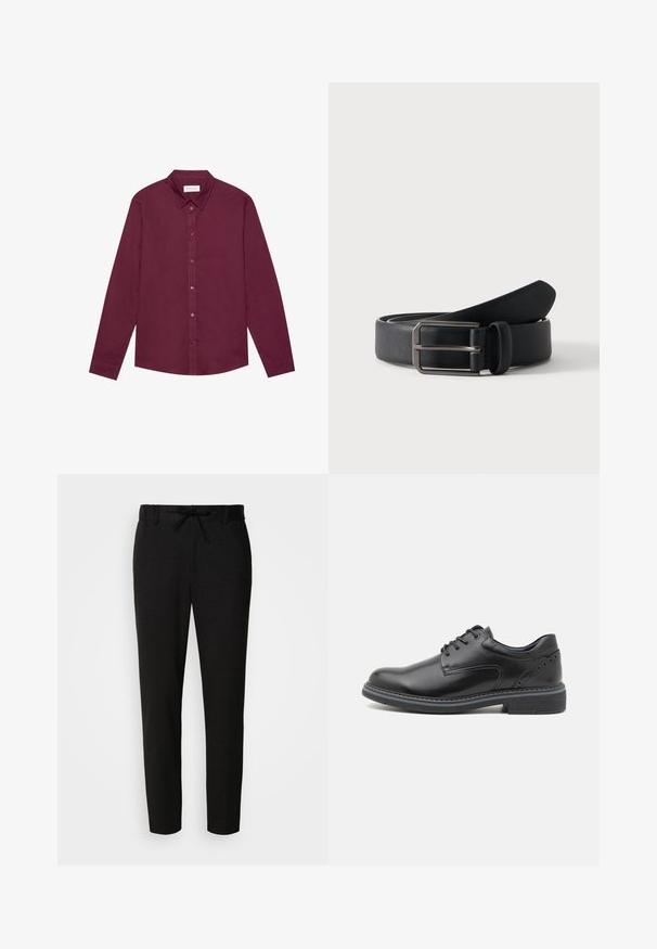 Chemise à manches longues en bordeaux profond, confectionnée dans un mélange de coton. Elle présente un col classique, une fermeture à boutons sur le devant et un léger éclat.; Pantalon noir en tissu doux, doté d'une ceinture à cordon de serrage, d'une coupe slim et d'une jambe fuselée. Aucun motif ou accent notable.; Chaussure en cuir noir à lacets avec une finition lisse, bout rond et talon texturé. Présente des œillets bleus contrastés et des coutures décoratives.; Ceinture en cuir noir roulée avec une boucle métallique argentée rectangulaire sur un fond clair uni.