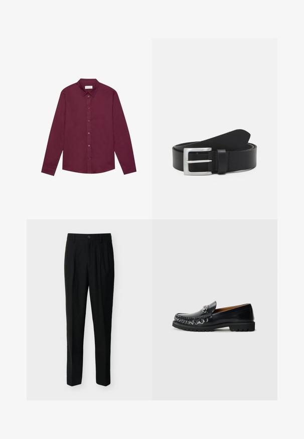 Langarmshirt in diep bordeauxrood, gemaakt van een katoenmix. Voorzien van een klassieke kraag, voor knoopsluiting en een subtiele glans.; Zwarte, op maat gemaakte, high-waist broek met riemlussen, plooien aan de voorkant, zijzakken en een knoop- en ritssluiting.; Zwarte leren instapper met een ronde neus, decoratieve stiksels en een metalen accent aan de voorkant; rubberen zool met een profiel voor grip.; Zwarte leren riem met een gladde textuur, zilveren rechthoekige gesp en een lus voor het einde. Heeft nette stiksels langs de randen.