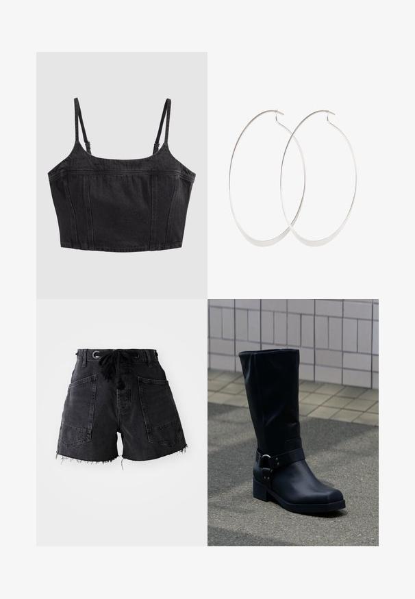 Schwarzes, kurzes Denim-Camisole-Top mit verstellbaren, dünnen Schulterriemen und vertikalen Nahtdetails.; Schwarze Denim-Shorts mit fransigem Saum, ausgestattet mit zwei großen vorderen Taschen und einem Kordelzugbund. Das Material hat eine strukturierte Oberfläche.; Schwarzer Lederstiefel bis zur Mitte der Wade mit niedrigem Blockabsatz und dekorativem Riemen mit Metallschnalle um den Knöchel, auf einem gefliesten Gehweg.; Silberne Creolen mit einem dünnen, glatten Design; länglich-ovale Form; polierte Oberfläche; ausgestattet mit einem sicheren Hakenverschluss.