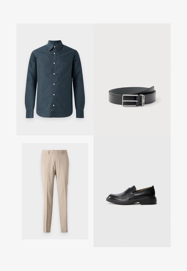 Mørkeblå langærmet skjorte med knapkrave, der har et geometrisk hvidt mønster, frontknaplukning og manchetter med knapper.; Beige tapered bukser lavet af letvægtsstof, med forreste folder, to sidelommer og en glat tekstur.; Sorte læder slip-on dress sko med lav hæl og subtil Calvin Klein logo på siden, vist i profil på en hvid baggrund.; Sort læderbælte med en sølvfarvet rektangulær spænde og en lille vedhæftet sølvring, sammenrullet på en hvid baggrund.
