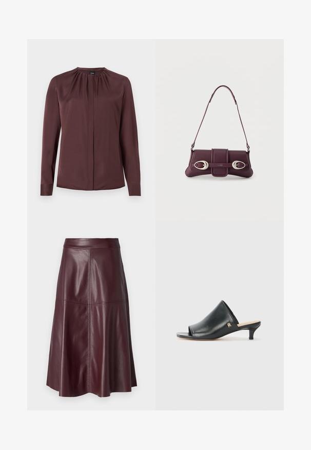 Donkerbruine blouse met lange mouwen, plooikraging en verborgen knopen aan de voorkant, gemaakt van gladde stof.; Donker bordeauxrode knielange A-lijn leren rok met zichtbare verticale en horizontale naaddetails.; Zwarte leren open teen muiltjes met een lage hak. Heeft een glad oppervlak en een gouden logo accent aan de zijkant.; Donkerpaarse leren schoudertas met zilveren ovale gespen en "HUGO"-logo op het voorflapje, smalle riem, minimalistisch design.