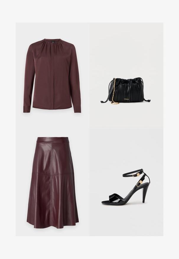 Blusa de manga larga color marrón oscuro con cuello fruncido y botones delanteros ocultos, hecha de tela suave.; Falda de cuero burdeos oscuro hasta la rodilla con corte en A y costuras visibles verticales y horizontales.; Sандalia de tacón alto de charol negro con dobles correas en el tobillo y hebillas doradas, punta abierta y tacón delgado y afilado sobre un fondo neutro.; Bolso de mano negro de cuero plisado con cordón ajustable, cadena dorada como asa y un pequeño detalle horizontal dorado en la parte frontal.