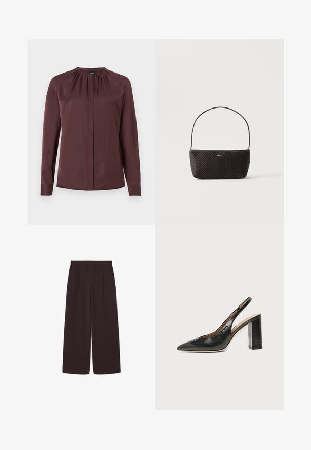 Blusa de manga larga color marrón oscuro con cuello fruncido y botones delanteros ocultos, hecha de tela suave.; Pantalones de pierna ancha de color marrón oscuro, confeccionados en una tela ligera, con una cintura alta, pliegues y dos bolsillos laterales, además de una cinturilla elástica.; Zapato slingback de piel negra con puntera puntiaguda, tacón alto y ancho, y forro interior beige sobre un fondo claro y liso.; Bolso tejido negro con textura, con una sola correa para el hombro y pequeño logo dorado "BOSS" en el centro delantero.