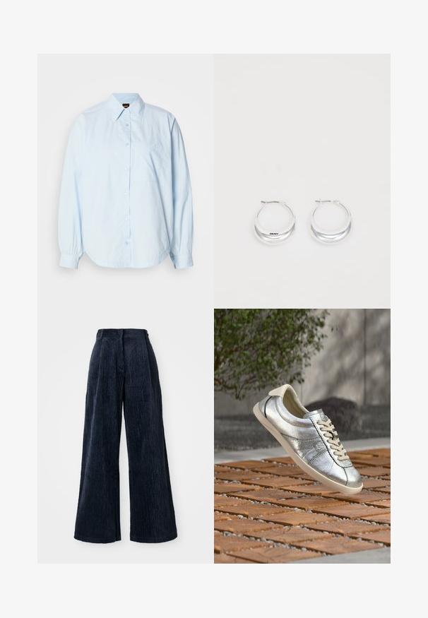 Chemise à manches longues bleu clair en coton. Caractéristiques : un col, un ourlet arrondi et une petite poche poitrine avec un logo brodé.; Pantalons en velours côtelé à jambes larges de couleur bleu marine foncé. Présentent une texture côtelée verticale et une taille haute, offrant une coupe ample et structurée.; Baskets en cuir argenté avec lacets et semelle beige flottant au-dessus d'une surface extérieure en bois texturé et galets.; Boucles d'oreilles en argent avec une finition polie et un branding DKNY, présentées sur un fond blanc uni.