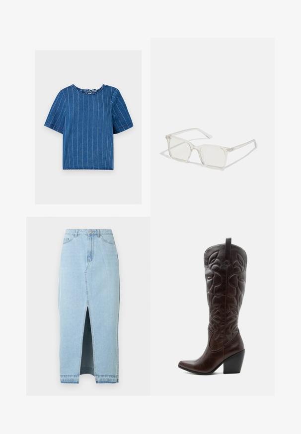 Haut en denim bleu foncé avec des rayures blanches verticales, encolure ronde, manches courtes et détail de nœud au dos. Texture douce, design décontracté.; Jupe en jean bleu clair avec une fente à l'avant et une ceinture. Comprend le design traditionnel à cinq poches et une fermeture à bouton en métal.; Botte de cowboy haute en cuir marron foncé avec motifs décoratifs cousus, bout pointu et talon bloc empilé.; Lunettes carrées en plastique transparent avec des verres translucides, dotées d'accents dorés sur les branches pour plus de détails.