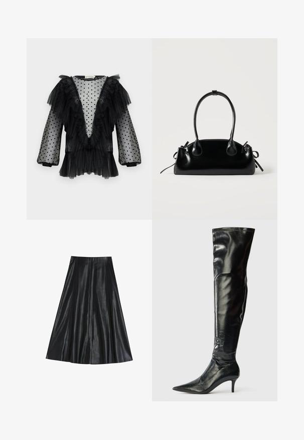 Zwarte tule blouse met stippen, gerimpelde mouwen, diepe V-hals, gelaagde textuur en franjeaccenten langs de halslijn en zoom.; Zwarte leren midi-rok met een uitlopende vorm, met een gladde textuur en een geplooid ontwerp voor extra volume. Geen zichtbare hardware of accenten.; Knee-high zwarte leren laarzen met een glanzende afwerking, puntige neus en een smalle stiletto hak. Heeft een strak aansluitende bovenkant met stiksel details.; Kleine zwarte glanzende handtas met twee lange hengsels en zijkant trekkoord details op een effen lichte achtergrond.