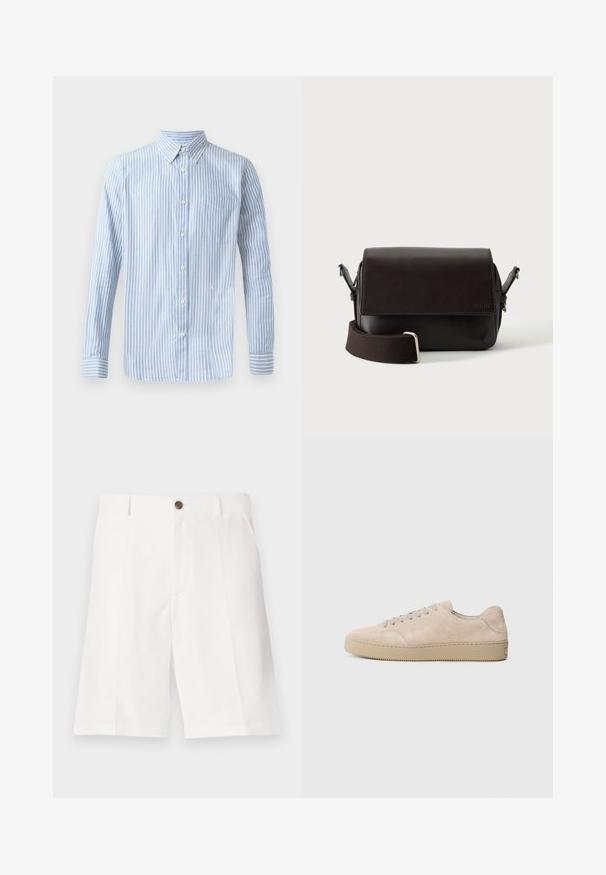 Lichtblauw overhemd met verticale witte strepen, lange mouwen en een borstzak. Bevat een klein logo aan de onderkant.; Witte bermuda shorts van lichtgewicht stof met een relaxte pasvorm, voorzien van een enkele bruine knoop en voorzakken.; Beige suede sneaker met een ronde neus, platte veters en een gestructureerde rubberen zool. Minimalistisch ontwerp met gladde randen en subtiele stiksels.; Donkerbruine leren schoudertas met klepsluiting en verstelbare stoffen riem op witte achtergrond.