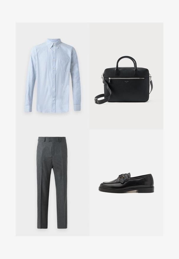 Camisa de botón azul claro con rayas blancas verticales, de mangas largas y con un bolsillo en el pecho. Presenta un pequeño logo en la parte inferior.; Pantalones grises ajustados con un fino estampado de cuadro, diseño de pierna recta y una textura de tela suave. Cuenta con trabillas para cinturón y cierre de cremallera.; Mocasines de cuero negro con punta redonda y un acento decorativo de hebilla. Tacón plano y sólido, con una textura suave en todo el zapato.; Maletín rectangular de cuero negro con textura, con doble asa, bolsillo frontal con cremallera y correa de hombro ajustable, mostrado sobre fondo blanco.