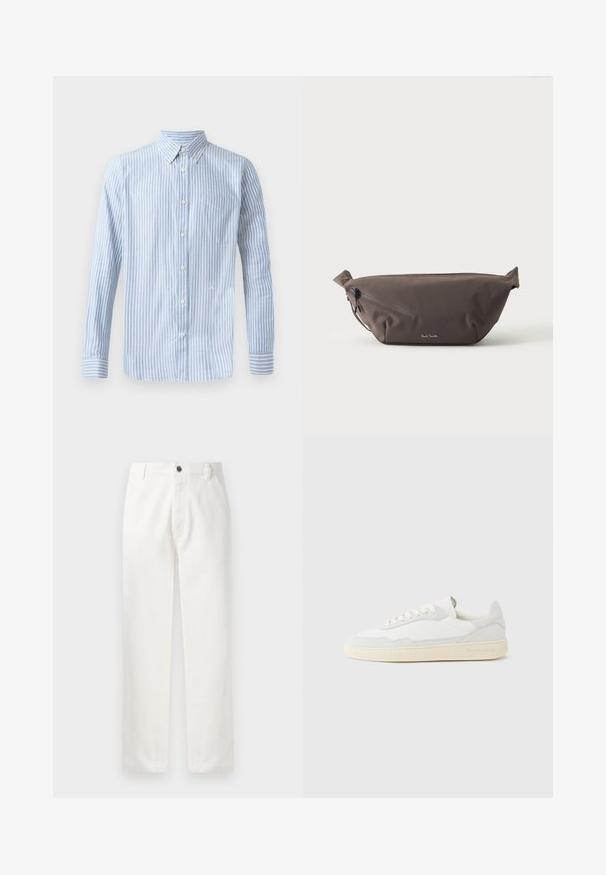 Hellblaues Button-up Hemd mit vertikalen weißen Streifen, langen Ärmeln und einer Brusttasche. Es hat ein kleines Logo im unteren Bereich.; Weiße Baumwollhosen mit geradem Schnitt, seitlichen Taschen, einer Metallknopfverschluss und dezenten Stickdetails an den Nähten.; Weißer Sneaker mit strukturiertem Obermaterial aus Wildleder und Leder. Verfügt über eine runde Zehenpartie, Schnürverschluss und eine kontrastierende beige Gummisohle.; Dunkelbraune Stoff-Gürteltasche mit diagonalem Reißverschlussfach und kleinem weißen Logo vorne, vor einem einfarbigen hellen Hintergrund.