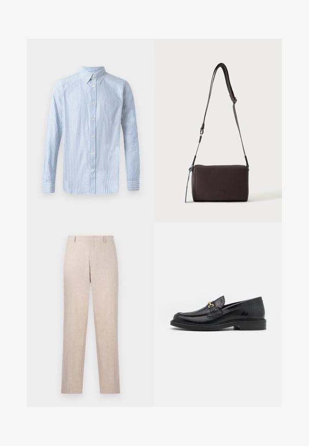 Chemise bleu clair à boutons, avec des rayures verticales blanches, manches longues et une poche poitrine. Présente un petit logo sur la partie inférieure.; Pantalons taillés beige clair en tissu texturé. Design à jambe droite avec deux poches avant et un devant plat. Pas de matériel visible.; Mocassins en cuir noir avec un embout rond, présentant des accents en métal doré et des détails de couture, montés sur une semelle en caoutchouc texturé et basse.; Sac bandoulière en cuir marron foncé texturé avec une sangle réglable et un petit accent décoratif bleu sur le côté.