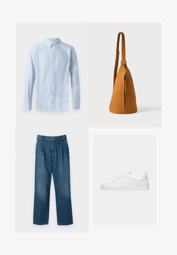 Lichtblauw overhemd met verticale witte strepen, lange mouwen en een borstzak. Bevat een klein logo aan de onderkant.; Blauwe denim broek met een rechte pijp, voorzien van een hoge taille, plooien aan de voorkant en een klassieke knoopsluiting. Gladde textuur.; Witte lage sneaker met vetersluiting, glad leren bovenwerk en dikke zool, gezien vanuit de zijkant tegen een effen achtergrond.; Lichtbruine leren schoudertas met verstelbare band en verticale ritszak, zijaanzicht tegen een effen lichte achtergrond.