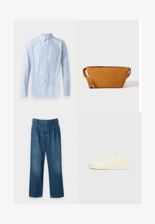 Lichtblauw overhemd met verticale witte strepen, lange mouwen en een borstzak. Bevat een klein logo aan de onderkant.; Blauwe denim broek met een rechte pijp, voorzien van een hoge taille, plooien aan de voorkant en een klassieke knoopsluiting. Gladde textuur.; Slofkleurige sneaker met een glad leren bovenwerk, ronde neus, vetersluiting en een geribbelde rubberen zool. Minimalistisch ontwerp, zonder logo's.; Lichtbruine leren crossbodytas met verstelbare band en ritssluiting, getoond tegen een effen lichte achtergrond.