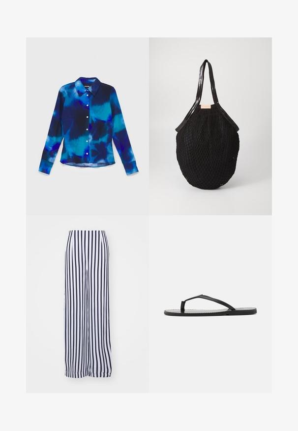 Ahluwalia KORO FITTED - Blusa - blue; Pantalones de pierna ancha en rayas verticales blancas y navy. Confeccionados en un tejido ligero de textura suave y con una cinturilla elástica.; Chancla negra con un diseño minimalista, que presenta tiras delgadas y una suela plana. El material parece plástico con una textura suave.; Bolsa tote tejida negra con forma ovalada, que presenta asas suaves y un diseño texturizado similar a una red. Etiqueta visible en el lateral.