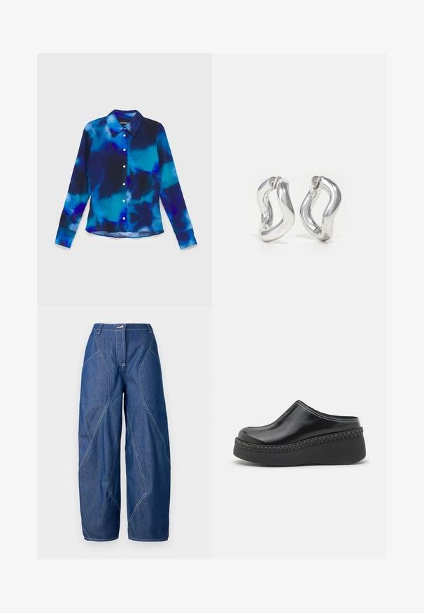 Ahluwalia KORO FITTED - Blúzka so zapínaním na gombíky - blue; Dlhé deninové nohavice v tmavomodrej farbe s kontrastným bielym prešívaním. Majú zapínanie na gombík a vysoký pás, s uhlovými švami.; Čierne lesklé platformové dreváky s zaoblenou špičkou, zakriveným vrchom a kontrastným bielym prešívaním pozdĺž okraja podrážky.; Strieborné kruhové náušnice so skrúteným dizajnom. Zaoblené okraje a lesklý povrch. Otvorené zapínanie pre jednoduché nosenie. Hladká textúra po celej ploche.