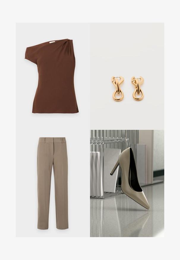 Top brun à une épaule en tissu doux. Présente un détail drapé sur l'épaule et un ourlet courbé en bas.; Pantalon kaki droit avec passants de ceinture et fermeture éclair frontale sur fond blanc.; Chaussure à talon beige équilibrée sur son talon sur une surface brillante à côté d'un organiseur de fichiers métallique avec des documents.; Paire de boucles d'oreilles créoles en bouclettes dorées brillantes sur fond blanc uni, présentant un design torsadé entrelacé.