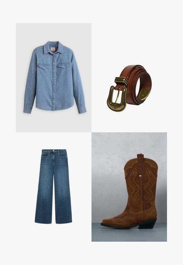 Camisa de mezclilla azul claro con mangas largas, cierre de botones al frente, dos bolsillos en el pecho y cuello clásico. Textura suave y ajuste relajado.; Jeans de pierna ancha en denim azul oscuro con costuras blancas en contraste, diseño de cinco bolsillos y cierre de botón en la cintura.; Bota de vaquero de ante marrón con costuras decorativas y un emblema de bandera en la caña, de pie sobre un suelo de listones de madera al aire libre.; Cinturón de cuero marrón enrollado con hebilla de latón antiguo grabada y punta de cinturón de latón sobre fondo blanco.