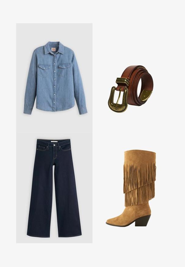Camisa de mezclilla azul claro con mangas largas, cierre de botones al frente, dos bolsillos en el pecho y cuello clásico. Textura suave y ajuste relajado.; Jeans de pierna ancha en denim oscuro con costuras naranjas, cierre de botón, dos bolsillos frontales y una textura suave. Presenta un dobladillo limpio.; Botas de ante marrón claro hasta la mitad de la pantorrilla con detalles de flecos en capas y un tacón grueso negro en ángulo.; Cinturón de cuero marrón enrollado con hebilla de latón antiguo grabada y punta de cinturón de latón sobre fondo blanco.
