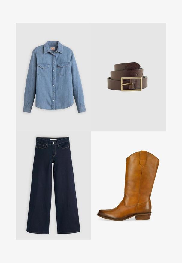 Lichtblauw spijkerhemd met lange mouwen, knoopsluiting aan de voorkant, twee borstzakken en een klassieke kraag. Soepele textuur en een ontspannen pasvorm.; Brede jeans in donkerdenim met oranje stiksels, knoopsluiting, twee voorzakken en een soepele textuur. Kenmerkt zich door een nette zoom.; Heren leren cowboylaarzen in tan kleur met een gladde afwerking, een gebogen bovenkant, decoratieve stiksels op de teen en een lage gestapelde hak. Bruin accentlogo op de zijkant.; Opgerolde donkerbruine leren riem met een rechthoekige messing gesp en het gegraveerde "Levi's" logo op de punt van de riem.