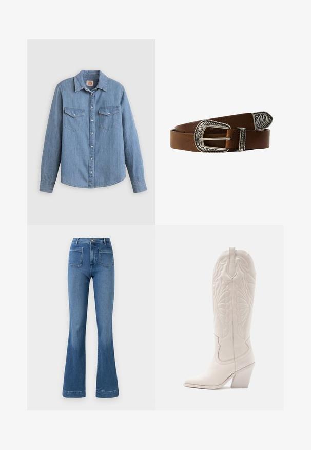 Lichtblauw spijkerhemd met lange mouwen, knoopsluiting aan de voorkant, twee borstzakken en een klassieke kraag. Soepele textuur en een ontspannen pasvorm.; Gelaste blauwe spijkerbroeken van denim met een middellange taille, voorzien van twee achterzakken en een schone zoom. Soepele textuur en klassiek ontwerp.; Witte leren cowboylaars met een spitse neus en een vierkante hak. Heeft ingewikkelde stikpatronen op de schacht en een soepele textuur.; Bruine leren riem met een sierlijke zilveren gesp met gegraveerde ontwerpen. Het leder heeft een gladde textuur met een gepolijste afwerking.