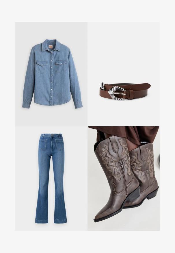 Lichtblauw spijkerhemd met lange mouwen, knoopsluiting aan de voorkant, twee borstzakken en een klassieke kraag. Soepele textuur en een ontspannen pasvorm.; Gelaste blauwe spijkerbroeken van denim met een middellange taille, voorzien van twee achterzakken en een schone zoom. Soepele textuur en klassiek ontwerp.; Bruine leren cowboylaarzen met een spitse neus, zijrits en een textuur van een slang in beige, met decoratieve studs langs de randen.; Bruine leren riem met een brede, getextureerde zilveren gesp. De riem heeft een gladde afwerking en heeft meerdere aanpassingsgaten.