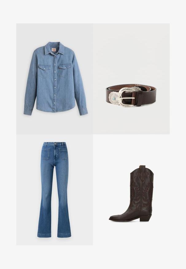 Lichtblauw spijkerhemd met lange mouwen, knoopsluiting aan de voorkant, twee borstzakken en een klassieke kraag. Soepele textuur en een ontspannen pasvorm.; Gelaste blauwe spijkerbroeken van denim met een middellange taille, voorzien van twee achterzakken en een schone zoom. Soepele textuur en klassiek ontwerp.; Donkerbruine leren cowboylaars met decoratieve stiksels, puntige neus, middelhoog schuin hakje en uittreklussen bovenaan.; Bruine leren riem met een brede, zilveren siergesp met een turkoois accent en ingewikkelde details langs de rand van de gesp.