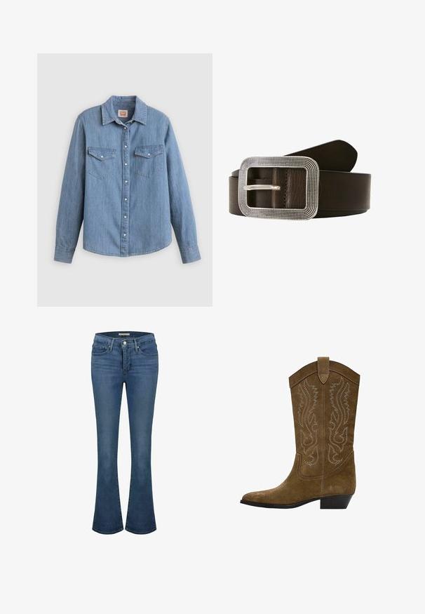 Hellblaues Jeanshemd mit langen Ärmeln, Knopfleiste vorne, zwei Brusttaschen und klassischem Kragen. Glatte Textur und lockere Passform.; Blaue Jeans im Flared-Stil mit mittelhoher Taille, ausgestattet mit Ziernähten, zwei vorderen Taschen und einer hinteren Paspeltasche.; Brauner Wildleder-Cowboystiefel mit dekorativer Naht, spitzer Spitze, Zuglasche oben und niedrigem, schwarzen Blockabsatz.; Brauner Leder Gürtel mit einer rechteckigen silberfarbenen Schnalle, die eine strukturierte Kante und einen einzelnen Riegel zum Verschließen aufweist.