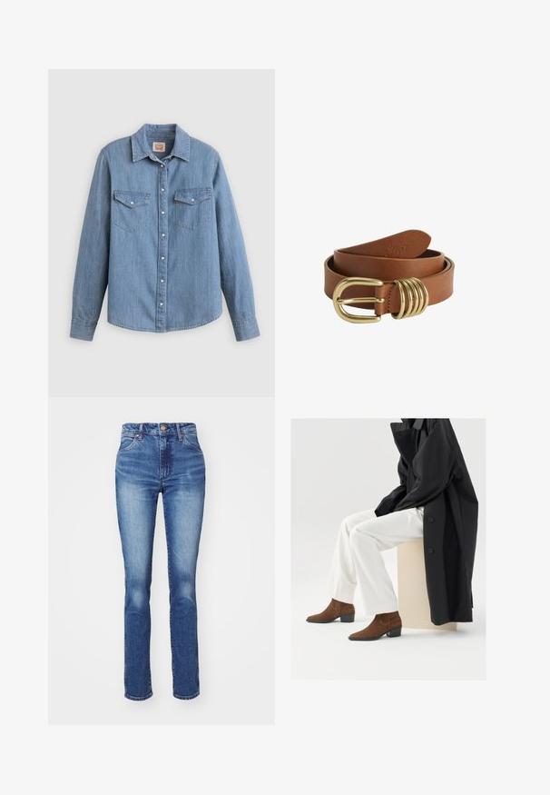 Lichtblauw spijkerhemd met lange mouwen, knoopsluiting aan de voorkant, twee borstzakken en een klassieke kraag. Soepele textuur en een ontspannen pasvorm.; Blauwe denim jeans met een rechte pasvorm, hoge taille en subtiele vervaging. Beschikt over een knoopsluiting en een klassieke vijf-pocket stijl. Textuur is soepel.; Bruine suède enkellaarzen met een spitse neus en een lage blokhak, gecombineerd met witte broek en een zwarte jas, zittend op een beige sokkel.; Bruine leren riem opgerold met een glanzende gouden gesp en vier gouden ringen bij de gesp.
