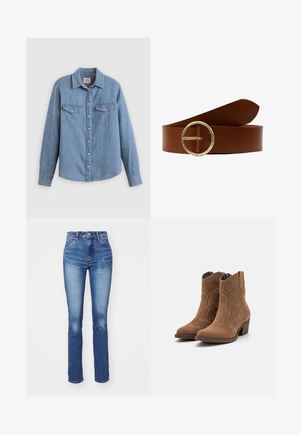 Lyseblå denimskjorte med lange ærmer, knapper foran, to brystlommer og klassisk krave. Glat tekstur og afslappet pasform.; Blå denimjeans med lige pasform, høj talje og subtil bleget effekt. Har knaplukning og klassisk fem-lomme design. Teksturen er glat.; Brune ruskind ankelstøvler med et buet sømdesign, spidse tæer og en stablet hæl. Har en blød tekstur og dekorative stikninger.; Brun læderbælte med en struktureret overflade, prydet med en cirkulær spænde i guldtonet metal, der er indgraveret med "T.W. ST. BROS & CO S.F. CAL."