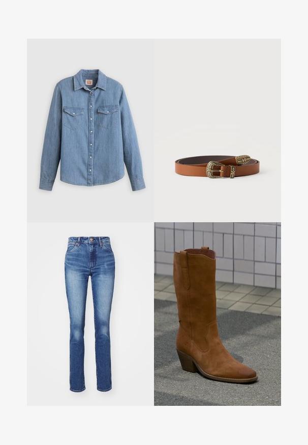 Lichtblauw spijkerhemd met lange mouwen, knoopsluiting aan de voorkant, twee borstzakken en een klassieke kraag. Soepele textuur en een ontspannen pasvorm.; Blauwe denim jeans met een rechte pasvorm, hoge taille en subtiele vervaging. Beschikt over een knoopsluiting en een klassieke vijf-pocket stijl. Textuur is soepel.; Enkele bruine suède cowboylaars met een gestapelde hak op grijze bestrating naast een beige betegelde muur.; Bruine leren riem opgerold met sierlijke antieke goudkleurige gesp, lus en uiteinde met bloemen- en geometrische gravures, op een witte achtergrond.