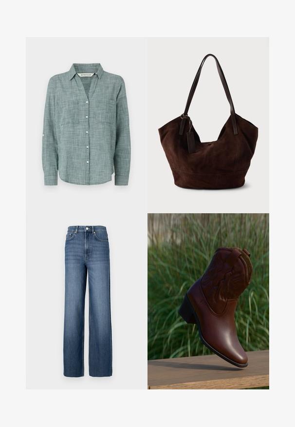 Groen geruit overhemd met lange mouwen, een button-down kraag, twee voorzakken en knoopmanchetten. Gemaakt van lichte stof.; Blauwe denim jeans met een hoge taille en een wijde pijp. Voorzien van een klassiek vijf-pocket ontwerp en metalen knoopdetails.; Bruine leren cowboylaars met decoratief stiksel, schuin omhoog geplaatst op een houten oppervlak met een vage groene grasachtergrond.; Bruine suède handtas met een zachte, slungelige vorm. Voorzien van leren handvatten en een tagaccent. Eenvoudige textuur met gebogen naden.