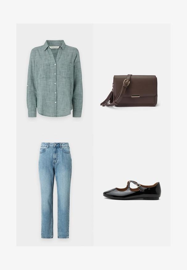 Roheline ruuduline pika varrukaga särk, millel on nööbid alla kaeluses, kaks esikotti ja nööpidega mansetid. Valmistatud kergest kangast.; TOM TAILOR DENIM Mom jeans - clean mid stone blue denim; Mustast lakknahast Mary Jane-tüüpi madalad kingad kahe lõikeauguga ja kuldse pandlaga rihmaga valgel taustal.; Pruun faux nahast ülekande kott, millel on klapp sulgemine, kuldse tooni riistvara ja küljetasku detailid. Reguleeritav rihm mitmekesiste kandmisvõimaluste jaoks.