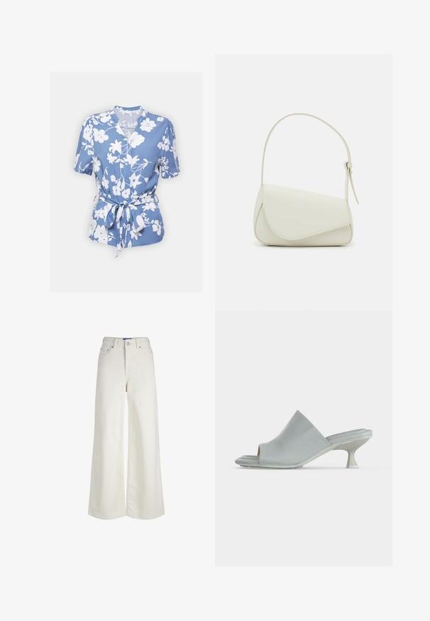 Kortærmet blå bluse med hvidt blomstermønster, knaplukning og en bundet talje detalje, lavet af letvægtsstof.; Høj talje, vidde ben, hvide denimjeans med forreste knap- og lynlås-lukning, bæltestropper og lommedetaljer.; Hvid åben tå mule sandal med en polstret sål og en buet midhøj kittenhæl på en ensfarvet baggrund.; Hvid taske i faux læder med en struktureret trekantet form, enkelt justerbart skulderstrop og en flaplås med kurver.