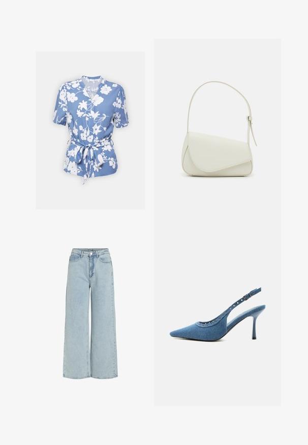 Blouse bleu à manches courtes avec motif floral blanc, fermeture par boutons et détail de taille nouée, fabriquée en tissu léger.; Jean large en denim bleu clair avec taille haute, poches avant et fermeture par bouton. Caractéristiques d'une texture délavée et de lignes épurées.; Chaussure à talon haut slingback en denim bleu à bout pointu avec détails œillets argentés et bride réglable à boucle.; Sac à main en cuir synthétique blanc avec une forme triangulaire structurée, une bandoulière unique réglable et un rabat à courbes accentuées.