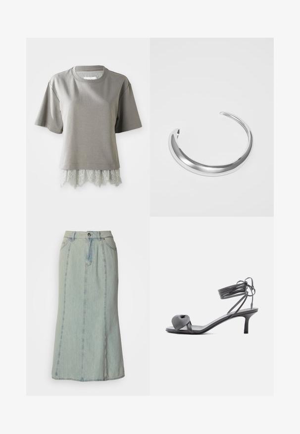 Kortærmet, lys grå T-shirt i blødt materiale, med en blondekant i bunden med en scalloperet kant. Tekstureret blonde tilføjer detaljer.; Lys blå denim midi-nederdel med frontknap, lynlås lukning, bæltestropper og lodrette søm-detaljer.; Grå læder sandal med hæl, knyttet rem ved tæerne og snørebånd, der vikles om anklen, på slank mellemhøj hæl mod hvid baggrund.; Sølvmetal cuff armbånd med en poleret finish, der har et glat, afrundet design og åbne ender for justerbar pasform.