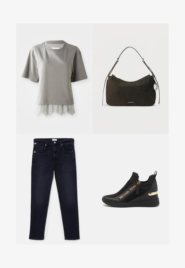 Kortærmet, lys grå T-shirt i blødt materiale, med en blondekant i bunden med en scalloperet kant. Tekstureret blonde tilføjer detaljer.; Mørkeblå denim jeans med lige ben-design, fem lommer og metalbeslag ved taljen og lommerne. Glat tekstur.; Sorte atletiske sneakers med mesh-paneler, gulllogo-detaljer, slip-on design og en kilehæl for ekstra højde. Gummisål.; Sort ruskindshåndtaske med en buet silhuet, sølvdetaljer og en aftagelig skulderrem. Den har lynlås og logodetalje.