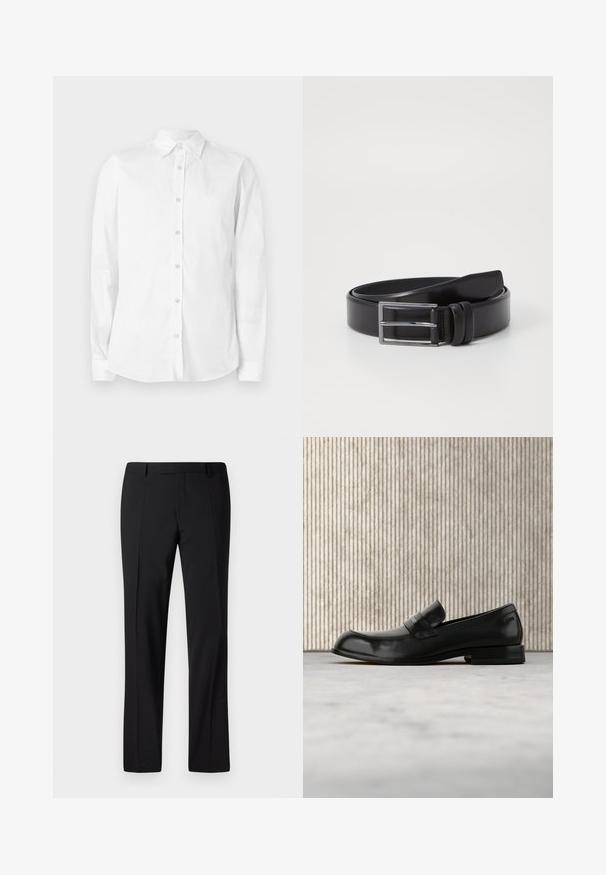 Chemise blanche à manches longues avec boutons, fabriquée en coton. Comprend un col pointu et un petit logo brodé sur la poitrine. Texture lisse.; Pantalons noirs ajustés avec une coupe droite, présentant une texture lisse, un devant plissé et une taille classique pour un look formel.; Mocassin en cuir noir avec un accent métallique, présenté en lévitation au-dessus d'un tapis beige, avec une table ronde de couleur ambre en arrière-plan.; Ceinture en cuir noir au toucher lisse, dotée d'une boucle rectangulaire en argent et d'un double détail de broche. Design classique et polyvalent.