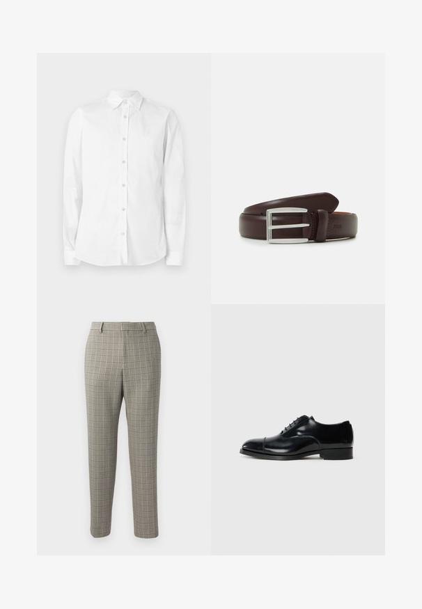 Camisa blanca de manga larga con botones, hecha de algodón. Presenta un cuello puntiagudo y un pequeño logo bordado en el pecho. Textura suave.; Pantalones de un tejido beige claro con un patrón de cuadros en marrón oscuro y azul marino, con corte recto y cinturilla estándar.; Zapato de vestir negro de cuero con un acabado pulido, punta redondeada, diseño con cordones y un tacón bajo apilado, que presenta un sutil detalle de costura.; Cinturón de cuero marrón con una hebilla rectangular de plata, con una textura suave y un diseño clásico. "POLO" grabado en el cuero.