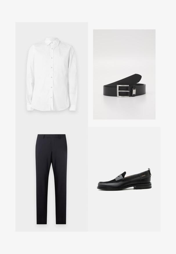Chemise blanche à manches longues avec boutons, fabriquée en coton. Comprend un col pointu et un petit logo brodé sur la poitrine. Texture lisse.; Pantalons taillés bleu marine foncé avec un devant plat, coupe ajustée, poches latérales et une texture lisse ; sans motifs ni embellissements visibles.; Mocassin en cuir noir avec détail de bride grise, talon bas et semelle texturée, marqué "HUGO" en or sur le côté.; Ceinture en cuir noir avec une texture lisse et élégante, dotée d'une boucle en métal argenté et d'un détail de marque subtil.
