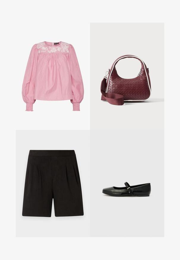 Blusa a rayas rosa con cuello redondo, puños elásticos y detalles florales bordados en el yugo. Hecha de tela ligera.; Pantalones cortos negros de tela suave, con una textura lisa, cintura elástica y diseño frontal plisado. Simples y sin adornos.; Bailarinas de cuero negro con punta redondeada, suela plana y una delgada correa ajustable en el empeine que cuenta con una hebilla de metal.; Bolso de mano de cuero tejido color granate con asa curva, ribete blanco, cremallera plateada y correa desmontable de tela ancha para el hombro sobre fondo liso.