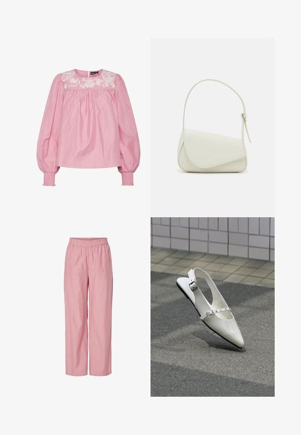 Rosa gestreifte Bluse mit rundem Halsausschnitt, elastischen Bündchen und besticktem Blumendetail an der Passe. Hergestellt aus leichtem Stoff.; Rosa gestreifte weit geschnittene Hose mit elastischem Bund. Hergestellt aus leichtem Stoff mit glatter Textur. Enthält subtile vertikale Streifen.; Weißer spitzer Slingback-Slipper mit zwei silbernen Schnallen, abgebildet im Freien auf strukturiertem Boden und gefliester Wand im Hintergrund.; Weiße Kunstleder-Handtasche mit einer strukturierten dreieckigen Form, einem verstellbaren Einzelgurt und einem Klappenverschluss mit geschwungenen Akzenten.