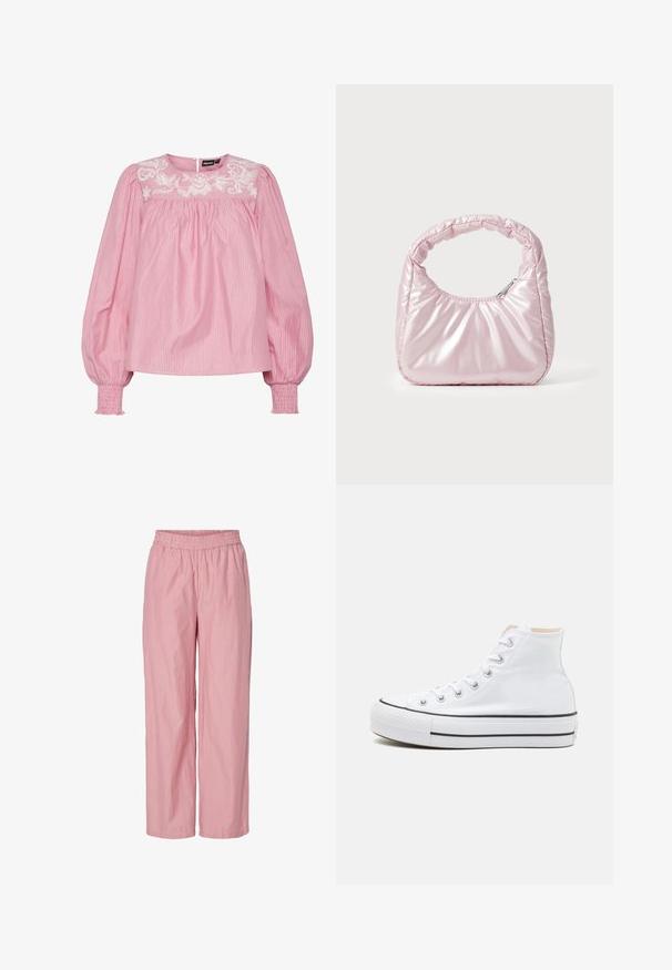 Blouse rose à rayures avec un col rond, des poignets élastiques et un motif floral brodé sur le devant. Fabriquée en tissu léger.; Pantalons larges à rayures roses avec une taille élastique. Fabriqués en tissu léger avec une texture lisse. Présentent de subtiles rayures verticales.; Baskets montantes blanches en toile, semelle en caoutchouc noir et bande noire contrastante sur la semelle intermédiaire. Bout rond et design à lacets.; Sac à main rose rembourré avec un design arrondi, fabriqué à partir d'un matériau brillant. Dispose d'une poignée froncée et d'une fermeture éclair pour un accès sécurisé.
