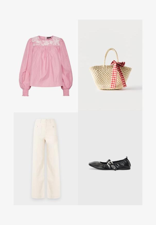 Roze gestreepte blouse met een ronde hals, elastische manchetten en geborduurde bloemenmotieven op de schouderpas. Gemaakt van lichtgewicht stof.; Brede pijpen broek van ivoorkleurige katoen. Heeft een hoge taille, twee achterzakken met metalen knopen en een schone, gladde textuur.; Zwarte leren platte schoen met een spitse neus, geplooide details rond de opening en een zilveren gespaccentueerde verstelbare band.; Gevlochten strooien tas met gevlochten handvatten en een rood-wit geruit lint dat aan één zijde in een strik is gebonden.