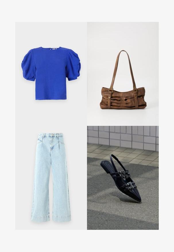 Top azul de manga corta con mangas abullonadas texturizadas, escote redondo y un discreto cierre en la parte posterior. Fabricado con un tejido ligero y de acabado suave.; Jeans de mezclilla de pernera ancha en azul claro, con una cintura alta, bolsillos frontales y detalles cosidos en el dobladillo.; Sandalia plana negra de punta afilada con varias correas con hebillas y talón descubierto, situada sobre una superficie pavimentada y con un fondo de muro de azulejos.; Even&Odd Bolso de mano - brown