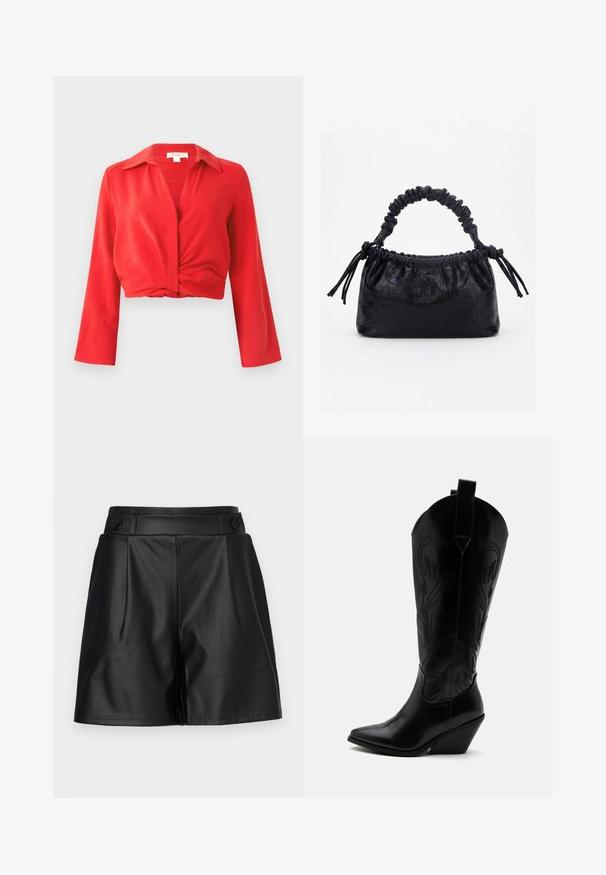 Rød cropped bluse med en klippet krave, lange ærmer og snoet frontdetalje. Lavet af et let, struktureret stof.; Sorte faux lædershorts med plisseret front, brede ben og knapdetaljer på taljen. Glat tekstur, skræddersyet design.; Sort læder cowboystøvle med spidst tåparti, skråt blokhælhæl, dekorative sømme og trækstropper øverst mod hvid baggrund.; Sort taske med krokodilletekstur, rynket øverste kant, samlet hank og snore med kvaster på hver side mod en hvid baggrund.