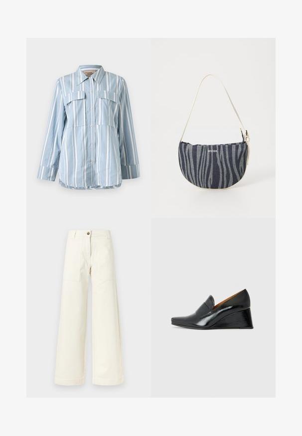 Chemise boutonnée bleu clair avec des rayures verticales blanches, deux poches avant et des manches longues. Tissu lisse et col pointu.; Pantalon large couleur écrue avec grandes poches plaquées à l'avant, passants pour ceinture et fermeture à un bouton à la taille.; Chie Mihara VECINO - Escarpins compensés - black; Sac en denim à la forme incurvée, présentant un motif de rayures zèbre bleu marine et bleu clair, une bandoulière blanche et le logo de la marque bien en évidence.
