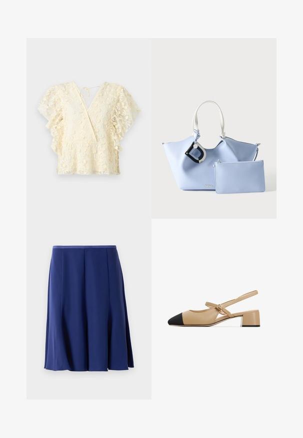 Blusa color crema claro con bordado floral, diseño envolvente, cuello en V y mangas acampanadas. Tela translúcida con acabado texturizado.; Falda acampanada de color azul marino, hecha de un tejido suave, con una cinturilla simple y pliegues verticales para mayor volumen y movimiento.; Zapatos de tacón bajo de piel beige con un dedo del pie puntiagudo negro, correa con hebilla y un bajo bloque que presenta un acento plateado en la base.; Bolso tote DKNY azul claro con asas blancas, colgante con la letra D en blanco y negro y un bolso con cremallera desmontable a juego en la parte delantera.