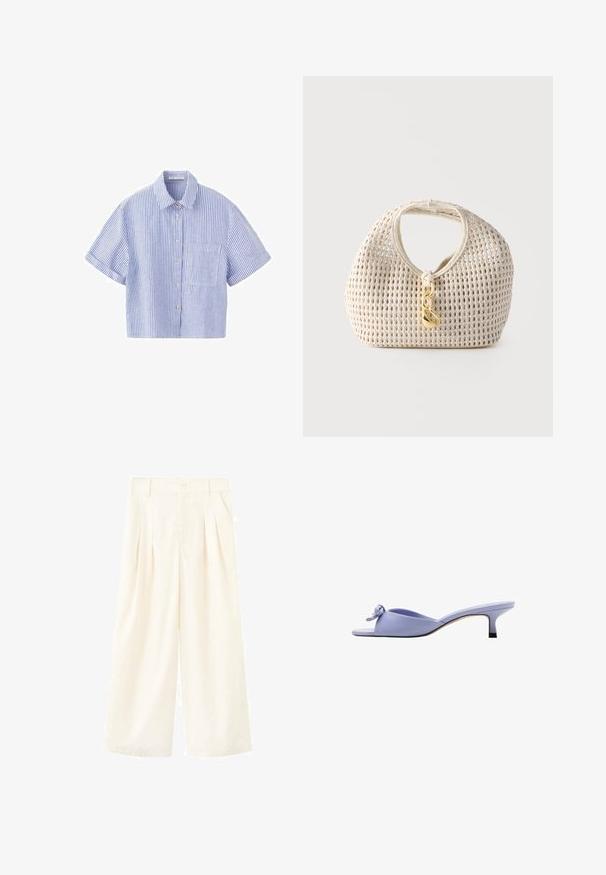 Chemise à manches courtes à rayures verticales bleues et blanches, avec un col et une poche poitrine unique sur fond blanc.; Pantalon large crème avec plis, taille boutonnée et poches latérales. Confectionné dans un tissu lisse, offrant une coupe décontractée et des lignes épurées.; Mule lavande à bout ouvert avec petit talon et nœud décoratif sur la partie supérieure, vue de profil sur fond blanc.; Sac à main tressé de couleur crème, forme arrondie, poignée courte et fermoir décoratif doré suspendu au centre devant.