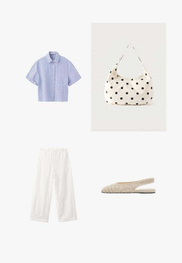 Chemise à manches courtes à rayures verticales bleues et blanches, avec un col et une poche poitrine unique sur fond blanc.; Pantalon blanc à jambes larges avec taille élastique et texture florale subtile sur le tissu, présenté à plat sur un fond blanc.; Chaussure slingback plate beige avec dessus tissé et bout pointu, dotée d'un talon ouvert et d'une semelle fine.; Sac à main en tissu crème avec des pois noirs et une seule bandoulière, présenté sur un fond blanc uni.